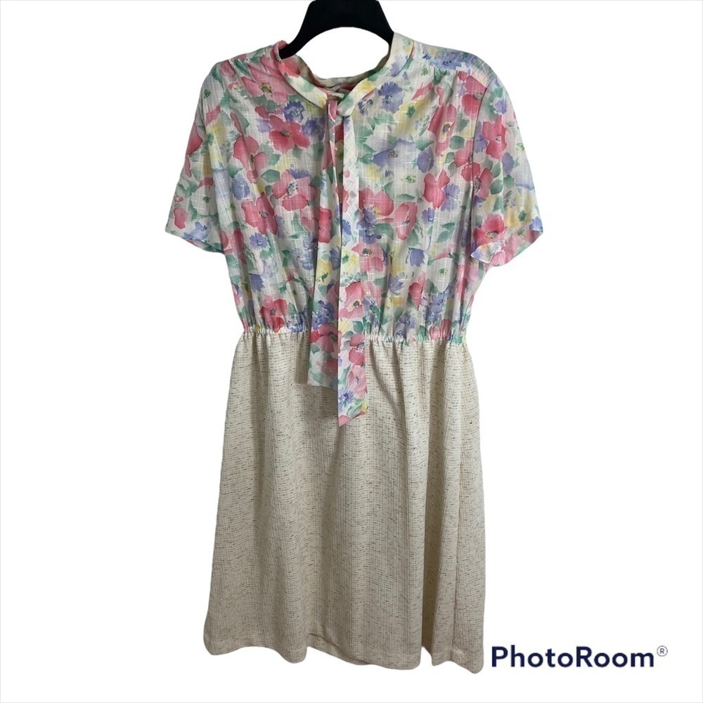 Vintage Floral Dress Sz 14 Secretary Collar Short Sleeve Sheath White Pink Blue